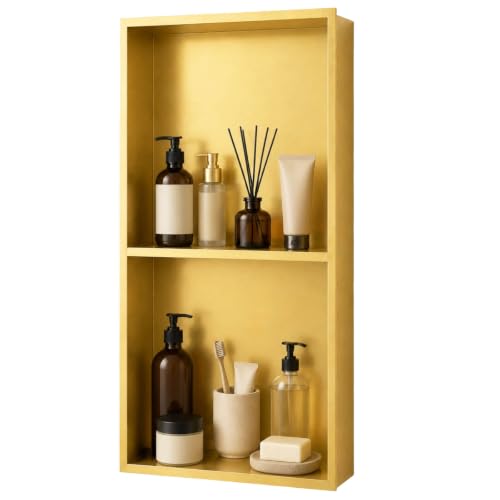 SaniteModar Stainless Steel Shower Niche Insert 12" x 24" Brushed Gold | No Tile Needed, Recessed Bathroom Niche 2-Tier, Waterproof, Space-saving, Easy Setup, Built-in Storage for Bathroom, Kitchen - color: Brushed Gold, size: 12" x 24", Double