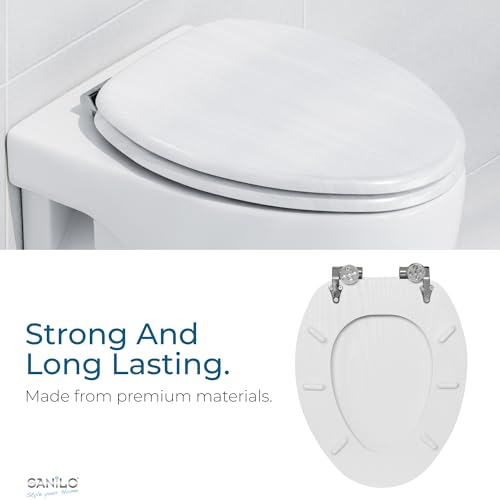 SANILO Wooden Toilet Seat with Soft Close [ELONGATED] - Decorative, Quiet & Slow Close Molded Wood Seat - With Strong Bumpers & Hinges - Adjustable Fit - White Wood - color: White Wood