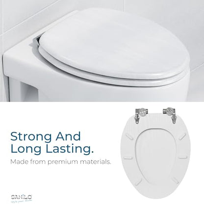 SANILO Wooden Toilet Seat with Soft Close [ELONGATED] - Decorative, Quiet & Slow Close Molded Wood Seat - With Strong Bumpers & Hinges - Adjustable Fit - White Wood - color: White Wood