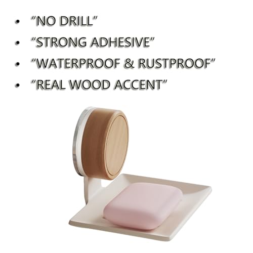 Soap Dish, Walnut and Stainless Steel, Soap Bar Holder for Shower Suction Cup Wall Mounted, No-Drilling Waterproof Sponge Holder (White)