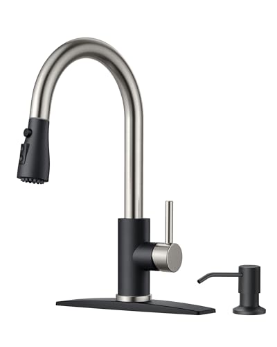 FORIOUS Kitchen Faucet with Soap Dispenser, Stainless Steel, Black Brushed | Pull Down Sprayer, High Arc Single Handle, Classic 3 Modes Bar Sink Faucet with Deck Plate, Suitable for Rv Laundry Camper - color: Black&Brushed, style: Classic