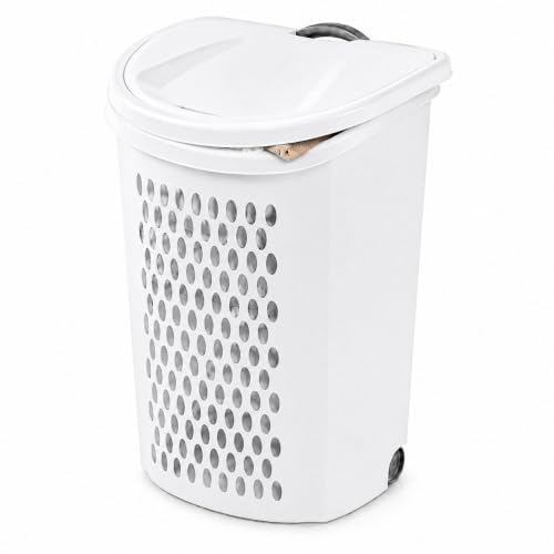 135L White Wheeled Plastic Laundry Hamper - Rolling Laundry Basket with Lid | Pull handle & easy-roll wheels make this rolling laundry hamper with lid easy to move in dorms, apartments & bedrooms. - size: 3.8Bushel