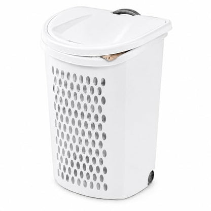 135L White Wheeled Plastic Laundry Hamper - Rolling Laundry Basket with Lid | Pull handle & easy-roll wheels make this rolling laundry hamper with lid easy to move in dorms, apartments & bedrooms. - size: 3.8Bushel
