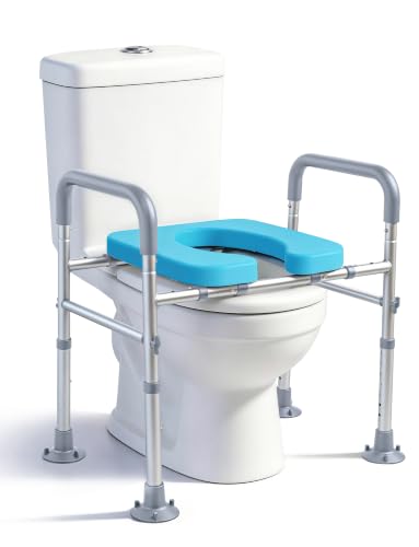 Adjustable Raised Toilet Seat with Handles for Seniors, Grey | 400lbs Capacity Elongated Toilet Seat Riser, Elevated Toilet Seat with Soft Cushion & Removable Armrests - color: Cozy Grey