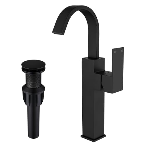 Matte Black Vessel Sink Faucet, Single Handle Tall Bathroom Faucet，Waterfall Bathroom Faucet Single Hole Lavatory Vanity Tap Single Hole Bar Sink Faucet with Pop Up Drain and Supply Lines,SL50044BK - color: Matte Black, size: Tall