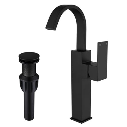 Matte Black Vessel Sink Faucet, Single Handle Tall Bathroom Faucet，Waterfall Bathroom Faucet Single Hole Lavatory Vanity Tap Single Hole Bar Sink Faucet with Pop Up Drain and Supply Lines,SL50044BK - color: Matte Black, size: Tall