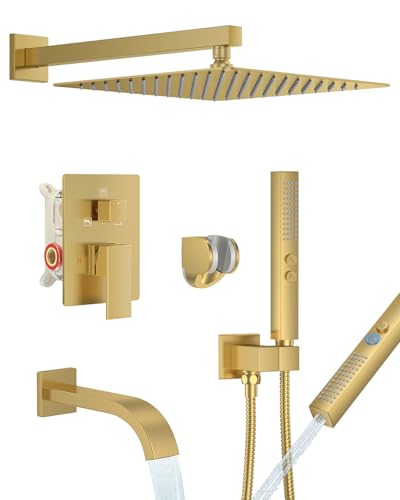 Brushed Gold Shower System with Tub Spout, Wall Mounted Bathtub Shower Faucet Set, 12" Rainfall Shower Head and Handheld Shower Combo, High Pressure Shower Fixtures Set with Rough-in Valve - color: Brushed Gold, style: 12" Wall Mounted Shower System with