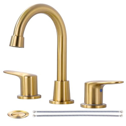 Bathroom Faucet 3 Hole Gold, 8 Inch Widespread Vanity Sink Faucets | Metal Zinc Alloy+ABS Gold Bathroom Sink Faucet with Swivel Spout, Two Handles Lead-Free Tap with Drain and cUPC Supply Line - color: Gold