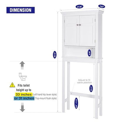 Spirich Over The Toilet Storage Cabinet, White Bathroom Organizer | Shaker Doors, Open & Hidden Storage, Adjustable Interior Shelf, FSC-Certified MDF, Anti-Tip Fitting, Adjustable Crossbar