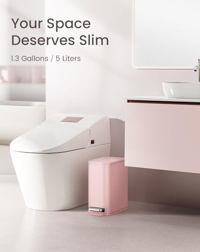 Cesun Small Bathroom Trash Can with Lid Soft Close & Pedal, 1.3 Gal, Pink | Removable Inner Bucket, Slim Stainless Steel Garbage Can for Bedroom/Office, Included 5 Trash Bags, Hidden Bag, Built to Last - color: Pink