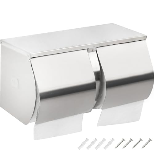 Desyeryamimi Double Roll Toilet Paper Holder Dispenser with Shelf Storage | Commercial 2-Roll Side by Side Stainless Steel Toilet tissue Holder/Dispenser Wall Mount for Bathroom/Restroom-Brushed Finish