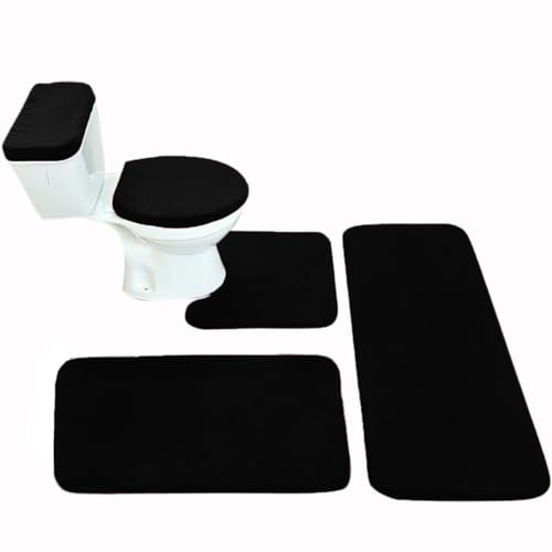 Madeals Memory Foam Long Bathroom Rug Set 5 Piece with Toilet Lid Cover and Tank Cover Set Black - color: Black, size: 20"x46"/20"x32"/Contour/Lid Cover/Tank Cover
