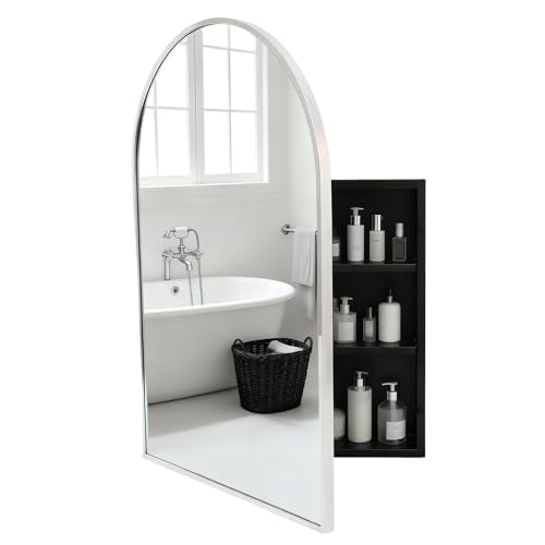 Sliver Metal Medicine Cabinet Arched-Design,Bathroom Mirror with Storage, Recessed or Surface Mounted, 2 Adjustable Metal Shelves (Brushed Sliver, 16x26) - color: Brushed Sliver, size: 16x26