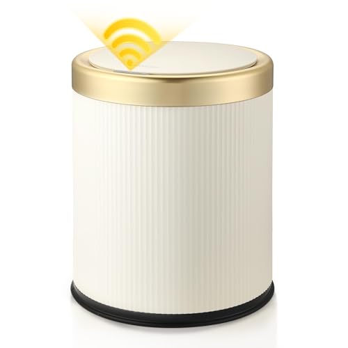 Automatic Bathroom Trash Can with Lid,Motion Sensor Small Trash cans | 2.8 Gallon Touchless Garbage Can, Cute Small Plastic Wastebasket,Sensor White and Gold Trash Bin for kitchen,Bedroom,Office - color: White, size: 2.8 Gallon