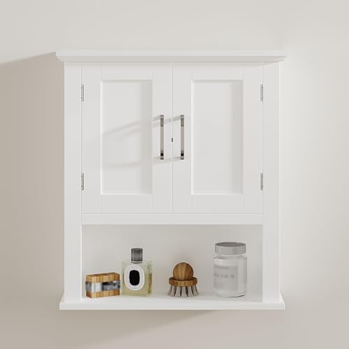 ChooChoo Wood Bathroom Wall Cabinet with Door, White Medicine Cabinet | Rustic Over The Toilet Storage Cabinet, Adjustable Shelf, Open & Concealed Storage, 7.5 x 21.6 x 24 Inches - color: White