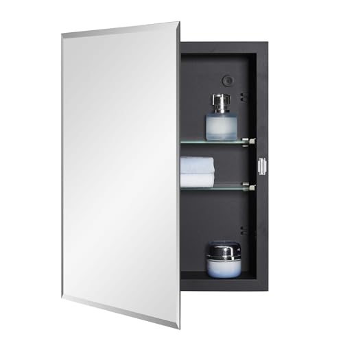 IDYLLOR Black Bathroom Medicine Cabinet with Beveled Edge Mirrored Door 14 x 18 inch, Recessed or Surface Mount, with Adjustable Glass Shelves - color: Matte Black, size: 14x18 inch Beveled Edge Mirror
