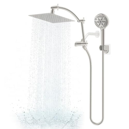 Hibbent All Metal 8" High Pressure Rain Shower Head Combo, Brushed Nickel | cUPC Certified Rainfall Shower Head with handheld 10 Sprays, 16'' Adjustable Extension Arm, 71'' Hose, Showerhead Holder - color: Brushed Nickel, style: Square 8''