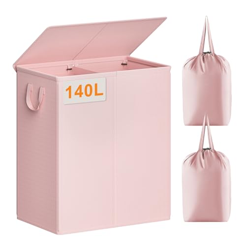 Chrislley Double Laundry Hamper with Lid, 140L Laundry Basket 2 Section | Large Dirty Clothes Hamper 2 Compartments with Removable Liner Bags & Handles, Collapsible Storage for Bedroom, Doom, Pink - color: Pink, size: 140l(24.0"l X 14.2"w X 25.2"h)