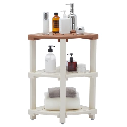 Shower Bench, Corner Shower Stool for Inside Shower and Shaving Legs, Waterproof HDPE Shower Chair Seat with Storage Shelf for Bathroom Non-Slip - color: Teak White, size: 3-Tires