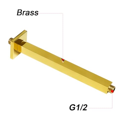 Enga Brass 12 Inch Ceiling Mount Shower Arm and Flange, Square Rain Shower Head Arm, Bright Gold - color: Polished Gold, style: 12 Inch