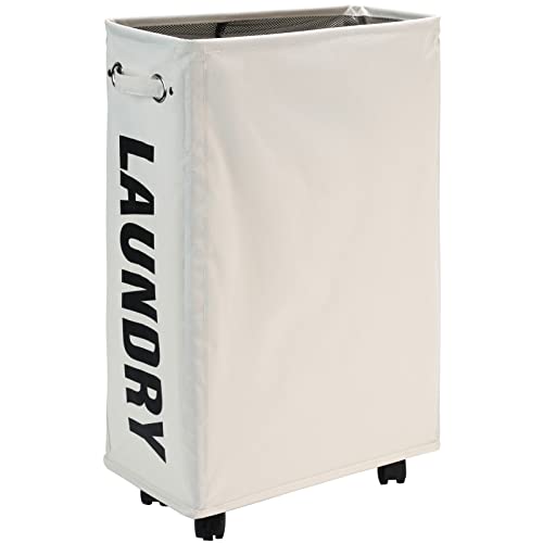 DOKEHOM 25" Slim Rolling Laundry Basket Hamper, Narrow on Wheels, Beige | Collapsible narrow laundry hamper with mesh drawstring closure. Foldable corner clothes storage bin for small spaces - color: Beige/M, size: Slim Plus 25"