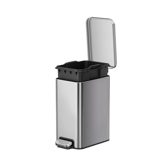 Slim Stainless Steel Trash Can - 2.6 Gallon Step Garbage Bin with Soft Close Lid, Brushed Finish, Narrow Vertical Wastebasket for Bathroom, Bedroom, or Office, Durable Construction and Easy Cleaning