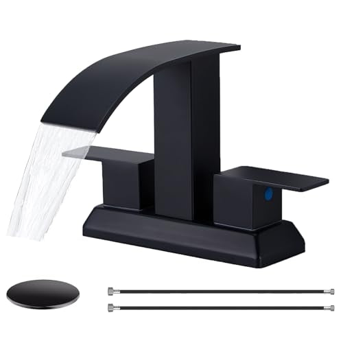 Black Bathroom Faucet, 4 Inch Centerset Bathroom Faucet 3 Hole, Matte Black 2 Handle Waterfall Bathroom Sink Faucet with Pop Up Drain and Supply Hoses, SC-BF203