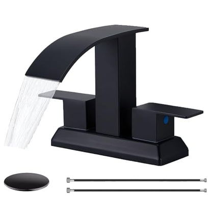 Black Bathroom Faucet, 4 Inch Centerset Bathroom Faucet 3 Hole, Matte Black 2 Handle Waterfall Bathroom Sink Faucet with Pop Up Drain and Supply Hoses, SC-BF203