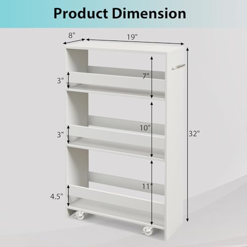 POWERSTONE 4-Tier Slim Storage Cart, Narrow Kitchen Rolling Cart w/Handle & Open Shelves, Skinny Slide Out Utility Organizer Trolley for Kitchen Bathroom Laundry Small Spaces White - color: White