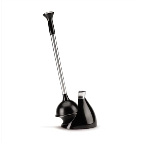 simplehuman Toilet Plunger with Holder Set, Magnetic Drip-Free Cover, Narrow Flange for Modern Low-Flow Toilets, Hidden Dome Storage, Stainless Steel, Black - color: Black, style: Toilet Plunger
