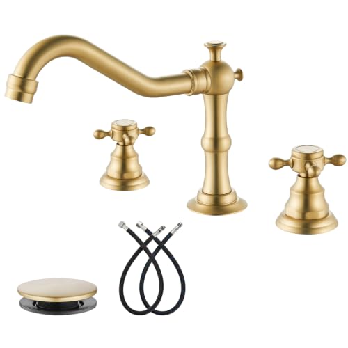 gotonovo 3 Hole 8’’ Widespread Bathroom Sink Faucet Brushed Gold | Vintage Bathroom Faucet,2 Cross Handle,6-16’’ Sink,Vanity,Basin,RV,Farmhouse,SUS304,24’’ cUPC Hose Pop Up Drain,Deck Mount - color: Gold