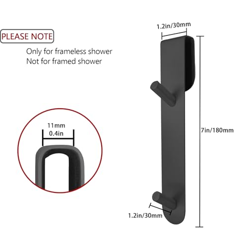 Shower Door Hook, Extended Length Frameless Shower Door Hook (7 Inch), Heavy-Duty Bathrobe Towel Stainless Steel Hook, No Drilling or Adhesive Required, 2-Pack, Black - color: Black-SXXG