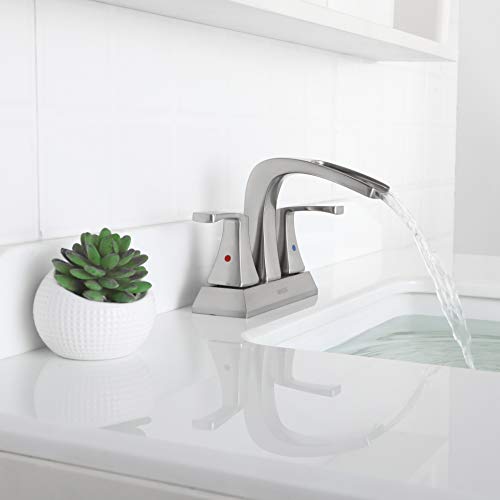 Waterfall Bathroom Sink Faucet 2 Handle Centerset, Brushed Nickel | 4 Inch Lead-Free Deck Mount Vanity Faucet with Pop Up Drain Supply Lines, for 3 Hole Lavatory Utility Sink - color: Brushed Nickel