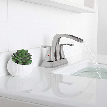 Waterfall Bathroom Sink Faucet 2 Handle Centerset, Brushed Nickel | 4 Inch Lead-Free Deck Mount Vanity Faucet with Pop Up Drain Supply Lines, for 3 Hole Lavatory Utility Sink - color: Brushed Nickel