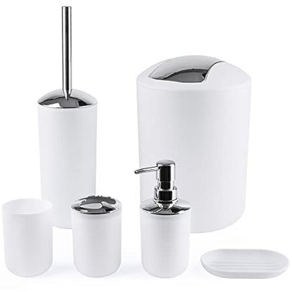 Compact 6-Piece White Plastic Bathroom Accessories Set with Small Trash Can, Soap Dispenser, Toothbrush Holder, Cup, Soap Dish, Toilet Brush for Guest Bathroom Dorm Apartment - color: White