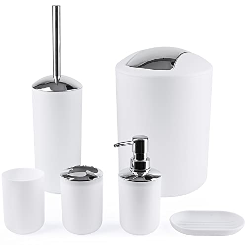Compact 6-Piece White Plastic Bathroom Accessories Set with Small Trash Can, Soap Dispenser, Toothbrush Holder, Cup, Soap Dish, Toilet Brush for Guest Bathroom Dorm Apartment - color: White