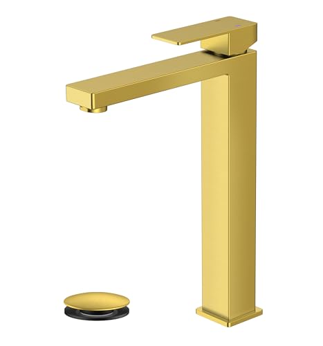 FORIOUS Vessel Sink Faucet Single Hole, Brushed Gold Tall Bathroom Faucets | Modern Tall Single Handle Space Saving Design, with Pop up Drain for Basin Bowl Vanity Lavatory Residential/Commercial Use - color: Brushed Gold, size: Tall