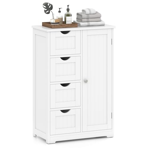 Giantex Storage Cabinet with 4 Drawers, Bathroom Storage Organizer with Cupboard, Adjustable Shelf, Anti-Toppling Device, Floor Cabinet, Entryway Storage Unit Console Table, White - color: Off White