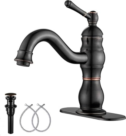 Oil Rubbed Bronze Bathroom Faucet GGStudy Bathroom Vanity Faucet Single Handle One Hole Bathroom Sink Faucet Basin Mixer Tap Matching Pop Up Drain with Overflow - color: Oil Rubbed Bronze, size: Short