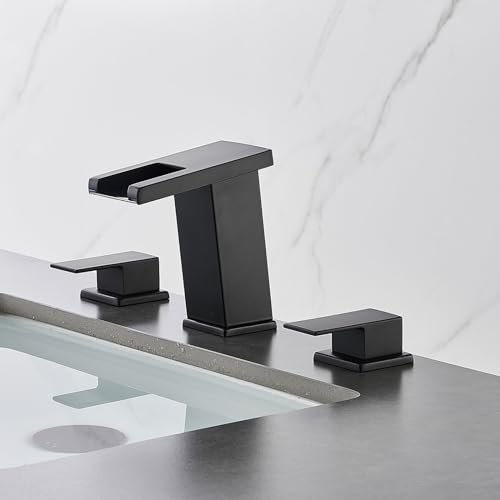 LED Bathroom Faucet 3 Hole, Matte Black Waterfall Bathroom Faucets, 8 Inch Widespread Modern Bathroom Sink Faucet & Parts, Wide Spread Touch On Three Hole 2 Handle Bathroom Vanity Faucet - color: Matte Black