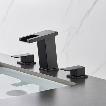 LED Bathroom Faucet 3 Hole, Matte Black Waterfall Bathroom Faucets, 8 Inch Widespread Modern Bathroom Sink Faucet & Parts, Wide Spread Touch On Three Hole 2 Handle Bathroom Vanity Faucet - color: Matte Black