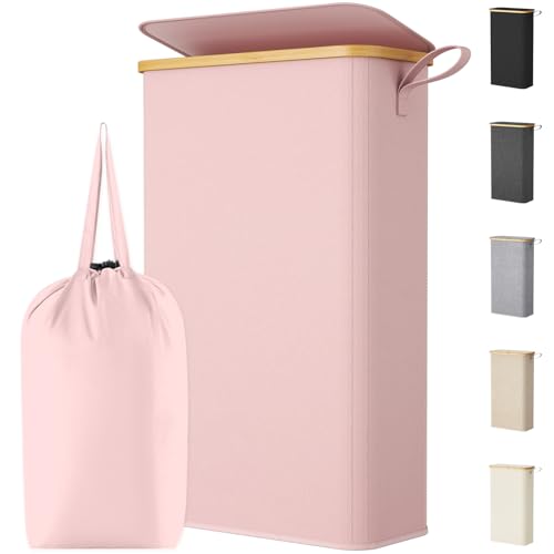 Lifewit 65L Slim Laundry Hamper with Lid, Narrow Laundry Basket with Removable Bag & Bamboo Handles, Fodable Thin Dirty Clothes Hamper for Laundry Collapsible Bin for Bathroom Bedroom Dorm, Pink - color: Pink, size: 65L