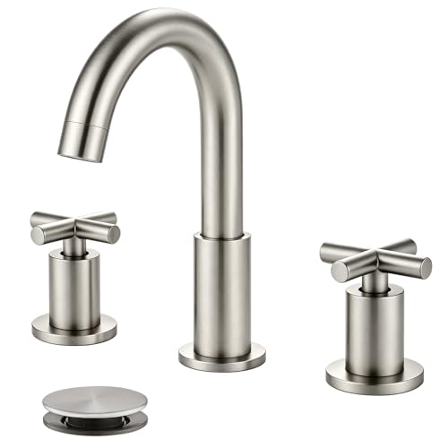 gotonovo 3 Hole Bathroom Faucet 8 inch Widespread Sink Vanity Faucet for Bathroom Sink 2 Cross Handle Deck Mount Basin with Pop Up Drain 360° Swivel Spout Brushed Nickel - color: Brushed Nickel