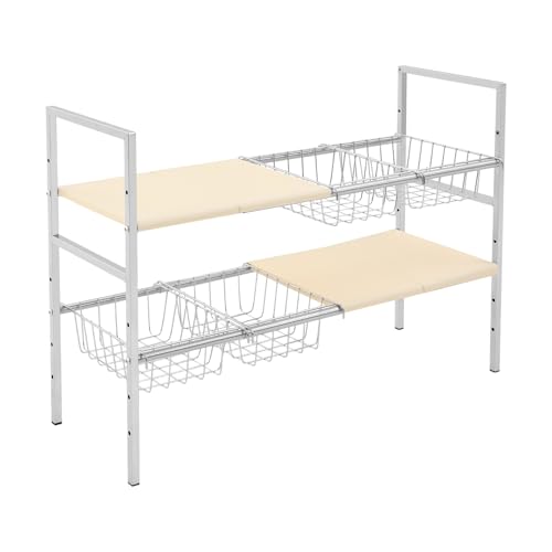 2-Tier Under Sink Organizer, Adjustable 20.9-34.6 Inch, Stainless Steel Cabinet Shelf with 4 Baskets, Cream White (Cream White) - color: Cream White
