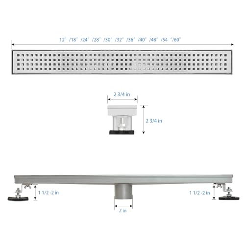 SaniteModar Linear Shower Drain 54 inch Brushed with Square Hole Panel | AISI 304 Stainless Steel Brushed Linear Dain Rectangle Shower Floor Drain with Hair Strainer and Leveling Feet - color: Stainless Steel, size: 54 inch