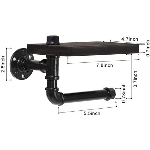 Toilet Paper Holder with Shelf, Industrial Wall Mounted Tissue Roll Hanger with Rustic Wooden Shelf for Bathroom, Washroom (Black)