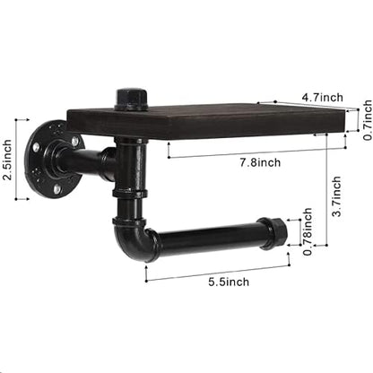 Toilet Paper Holder with Shelf, Industrial Wall Mounted Tissue Roll Hanger with Rustic Wooden Shelf for Bathroom, Washroom (Black)