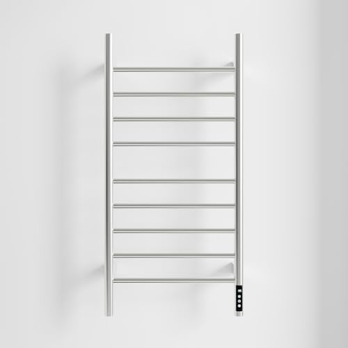 Brushed Nickel 9-Bar Heated Towel Rack with Smart Touch Screen Timer 304 Stainless Steel Wall Mounted Bathroom Towel Warmer Plug-in/Hard-Wired Waterproof IPX4