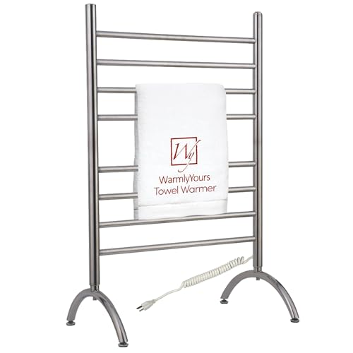 WarmlyYours Barcelona Heated Towel Rack, 8 Bars, Brushed Steel | Freestanding plug-in electric towel warmer, 150W, overheat protection, warms 2 large towels or bathrobes at once