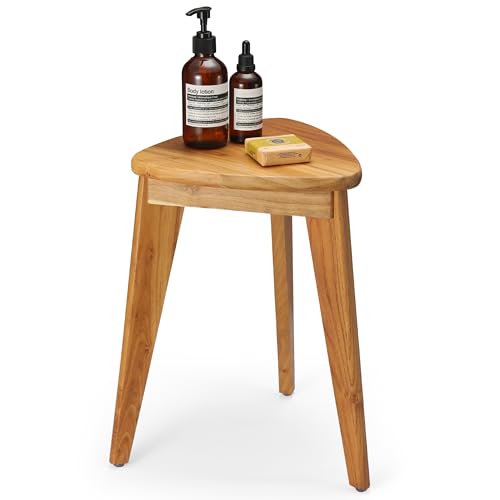 Teak Shower Stool, 17'' Shower Foot Rest for Shaving Legs, Waterproof Teak Shower Seat, Corner Shower Bench, Wooden Step Bench, Organizer Stool, Plant Stand for Living Room Bathroom - size: 17"H